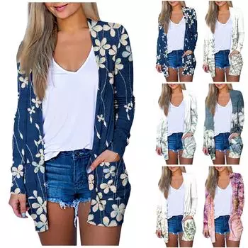Женская модная повседневная куртка-кардиган средней длины с цветочным принтом, пальто L синий
