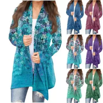 Женская модная повседневная куртка-кардиган средней длины с цветочным принтом, пальто S