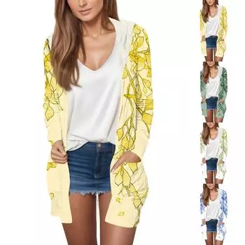 Женская модная повседневная куртка-кардиган средней длины с длинным рукавом и цветочным принтом в стиле ретро XL