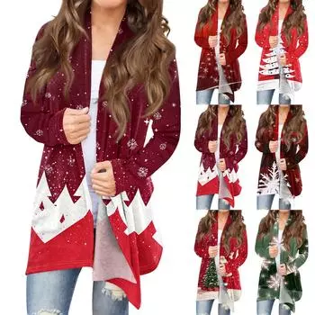 Женская модная повседневная куртка-кардиган средней длины с принтом, пальто M винный