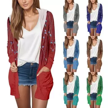 Женская модная повседневная куртка-кардиган средней длины с длинным рукавом и цветочным принтом в стиле ретро L зелёный