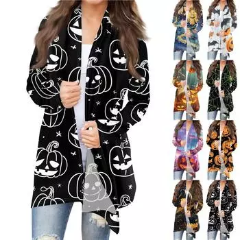 Женская модная повседневная куртка-кардиган средней длины с принтом на Хэллоуин и нерегулярным подолом XXL зелёный