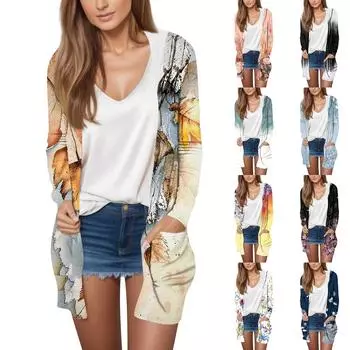 Женская модная повседневная куртка-кардиган средней длины с длинными рукавами и капюшоном с ботаническим цветочным принтом L бежевый