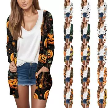 Женская модная повседневная куртка-кардиган средней длины с длинными рукавами и капюшоном на Хэллоуин S бежевый