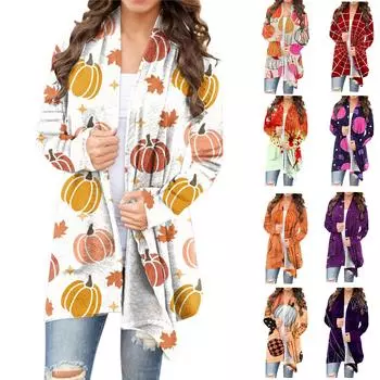 Женская модная повседневная куртка-кардиган средней длины с длинным рукавом и принтом на Хэллоуин XXXXL фиолетовый