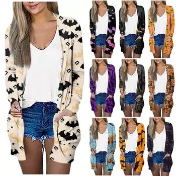 Женская модная повседневная куртка-кардиган средней длины с длинными рукавами и принтом на Хэллоуин, пальто L