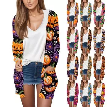 Женская модная повседневная куртка-кардиган средней длины с длинным рукавом и принтом на Хэллоуин XXXL синий