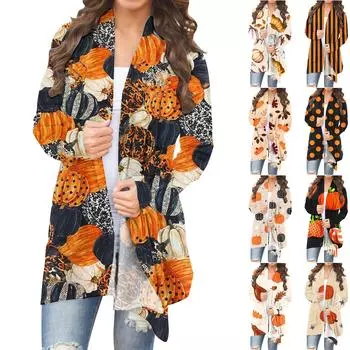 Женская модная повседневная куртка-кардиган средней длины с длинным рукавом и принтом на Хэллоуин L красный