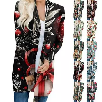 Женская модная повседневная куртка-кардиган средней длины с принтом рождественской елки и снеговика M синий