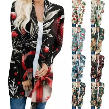 Женская модная повседневная куртка-кардиган средней длины с принтом рождественской елки и снеговика XXXXXL