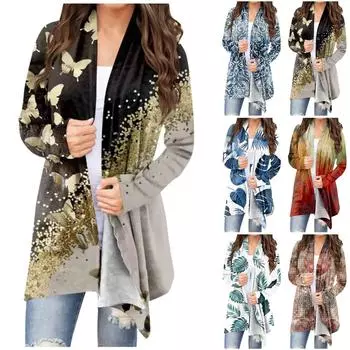 Женская модная повседневная куртка-кардиган средней длины с цветочным принтом, пальто L красный