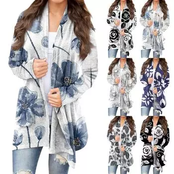 Женская модная повседневная куртка-кардиган средней длины с цветочным принтом, пальто L синий
