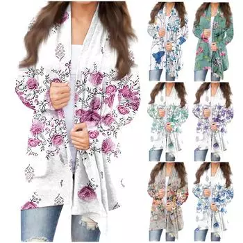 Женская модная повседневная куртка-кардиган средней длины с цветочным принтом, пальто XXXXL серый