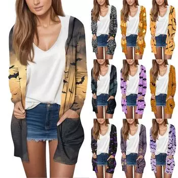 Женская модная повседневная куртка-кардиган средней длины с длинным рукавом и принтом на Хэллоуин XXL