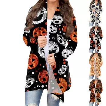 Женская модная повседневная куртка-кардиган средней длины с длинными рукавами и принтом на Хэллоуин, топы S белый