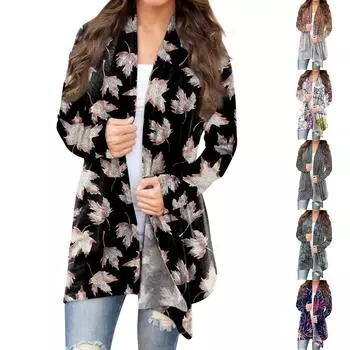Женская модная повседневная куртка-кардиган средней длины с цветочным принтом, пальто L чёрный