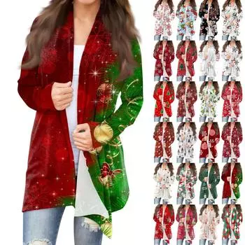 Женская модная повседневная куртка-кардиган средней длины с рождественским принтом L армия зеленый