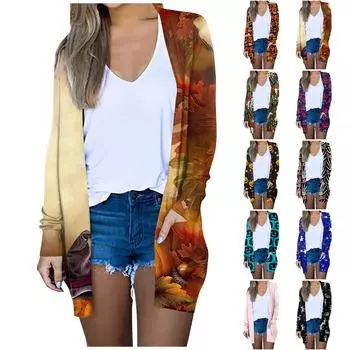 Женская модная повседневная куртка-миди с длинным рукавом и карманным принтом на Хэллоуин XL чёрный