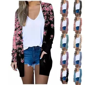 Женская модная повседневная куртка-миди с длинным рукавом и карманным принтом на Хэллоуин M светло-синий