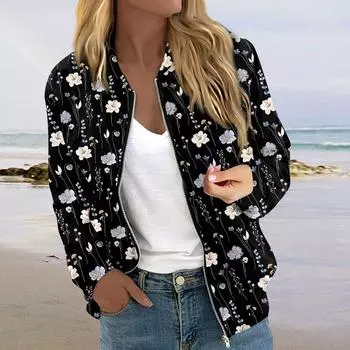 Женская модная повседневная куртка на молнии с длинным рукавом с принтом и круглым вырезом L чёрный