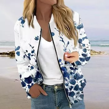 Женская модная повседневная куртка на молнии с длинным рукавом с принтом и круглым вырезом L темно-синий