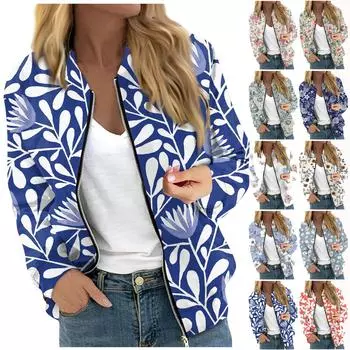 Женская модная повседневная куртка на молнии с длинным рукавом с цветочным/листовым принтом и круглым вырезом L синий