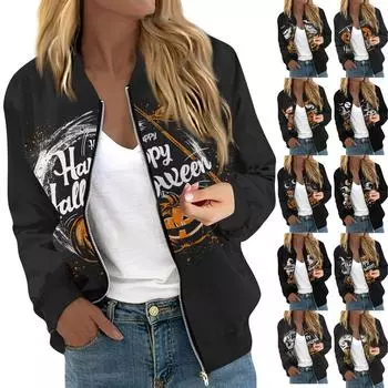 Женская модная повседневная куртка на молнии с длинным рукавом с принтом и круглым вырезом S бежевый