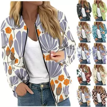 Женская модная повседневная куртка на молнии с длинным рукавом с цветочным/листовым принтом и круглым вырезом XXL бежевый