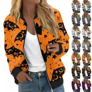 Женская модная повседневная куртка на молнии с длинным рукавом с принтом и круглым вырезом L имбирный