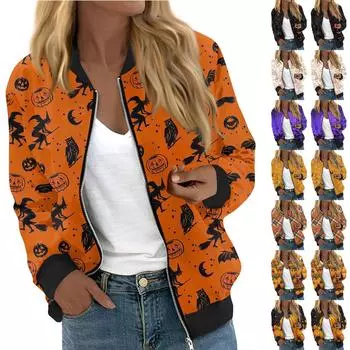Женская модная повседневная куртка с длинным рукавом и принтом на Хэллоуин с круглым вырезом на молнии M тёмно-синий