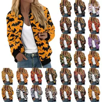 Женская модная повседневная куртка с длинным рукавом и принтом на Хэллоуин с круглым вырезом на молнии M