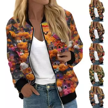 Женская модная повседневная куртка с длинным рукавом и принтом на Хэллоуин с круглым вырезом на молнии L синий