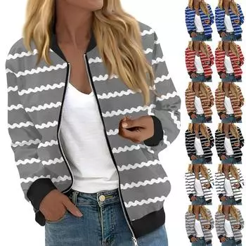 Женская модная повседневная куртка с длинным рукавом и полосатым принтом на молнии с круглым вырезом L красный