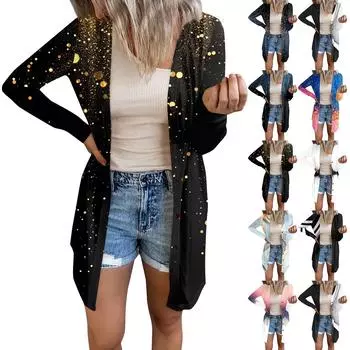 Женская модная повседневная куртка с длинными рукавами и принтом средней длины, кардиган на пуговицах, пальто L чёрный