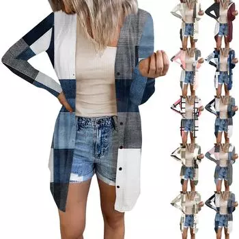 Женская модная повседневная куртка с длинными рукавами и принтом средней длины, кардиган на пуговицах, пальто L синий