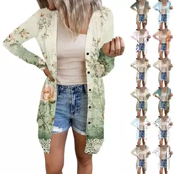 Женская модная повседневная куртка с длинными рукавами и принтом средней длины, кардиган на пуговицах, пальто XL