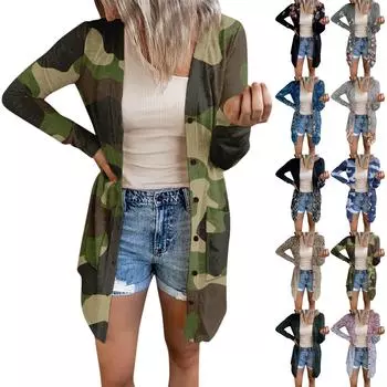 Женская модная повседневная куртка с длинными рукавами и принтом средней длины, кардиган на пуговицах, пальто XL фиолетовый