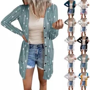 Женская модная повседневная куртка с длинными рукавами и принтом средней длины, кардиган на пуговицах, пальто L белый