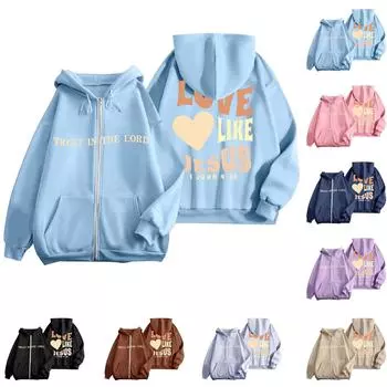 Женская модная повседневная куртка с длинными рукавами и принтом на молнии с капюшоном L чёрный