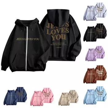 Женская модная повседневная куртка с длинными рукавами и принтом на молнии с капюшоном L чёрный