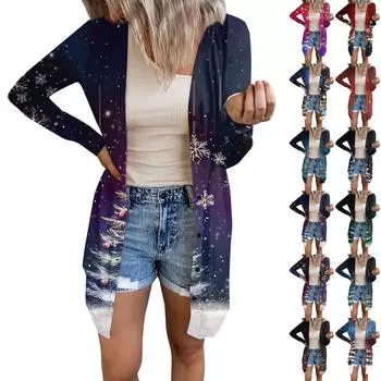 Женская модная повседневная куртка с длинными рукавами и принтом средней длины, кардиган на пуговицах, пальто L чёрный