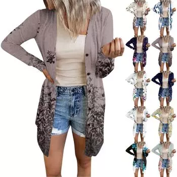 Женская модная повседневная куртка с длинными рукавами и принтом средней длины, кардиган на пуговицах, пальто M фиолетовый