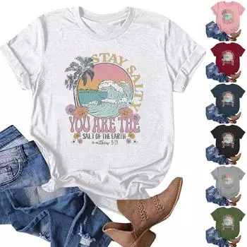 Женская модная повседневная летняя удобная блузка с круглым вырезом и коротким рукавом с принтом L армия зеленый