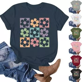 Женская модная повседневная летняя удобная блузка с круглым вырезом и коротким рукавом с принтом L чёрный