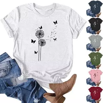 Женская модная повседневная летняя удобная блузка с круглым вырезом и коротким рукавом с принтом M чёрный