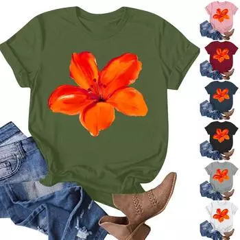 Женская модная повседневная летняя удобная блузка с круглым вырезом и коротким рукавом с принтом S чёрный