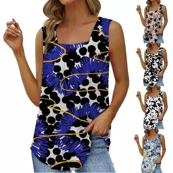 Женская модная повседневная майка без рукавов с квадратным вырезом и цветочным принтом XXL хаки
