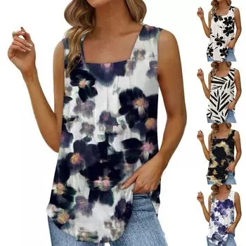 Женская модная повседневная майка без рукавов с квадратным вырезом и цветочным принтом L чёрный