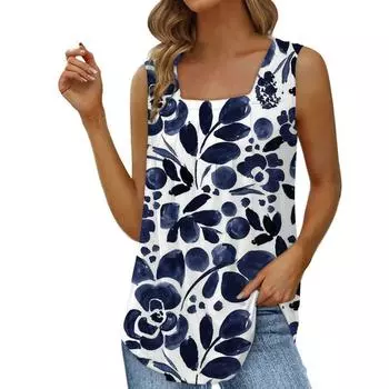 Женская модная повседневная майка без рукавов с квадратным вырезом и цветочным принтом синий