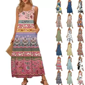 Женская модная повседневная макси-юбка, летняя пляжная юбка с круглым вырезом, без рукавов, свободный сарафан с винтажным принтом L армия зеленый